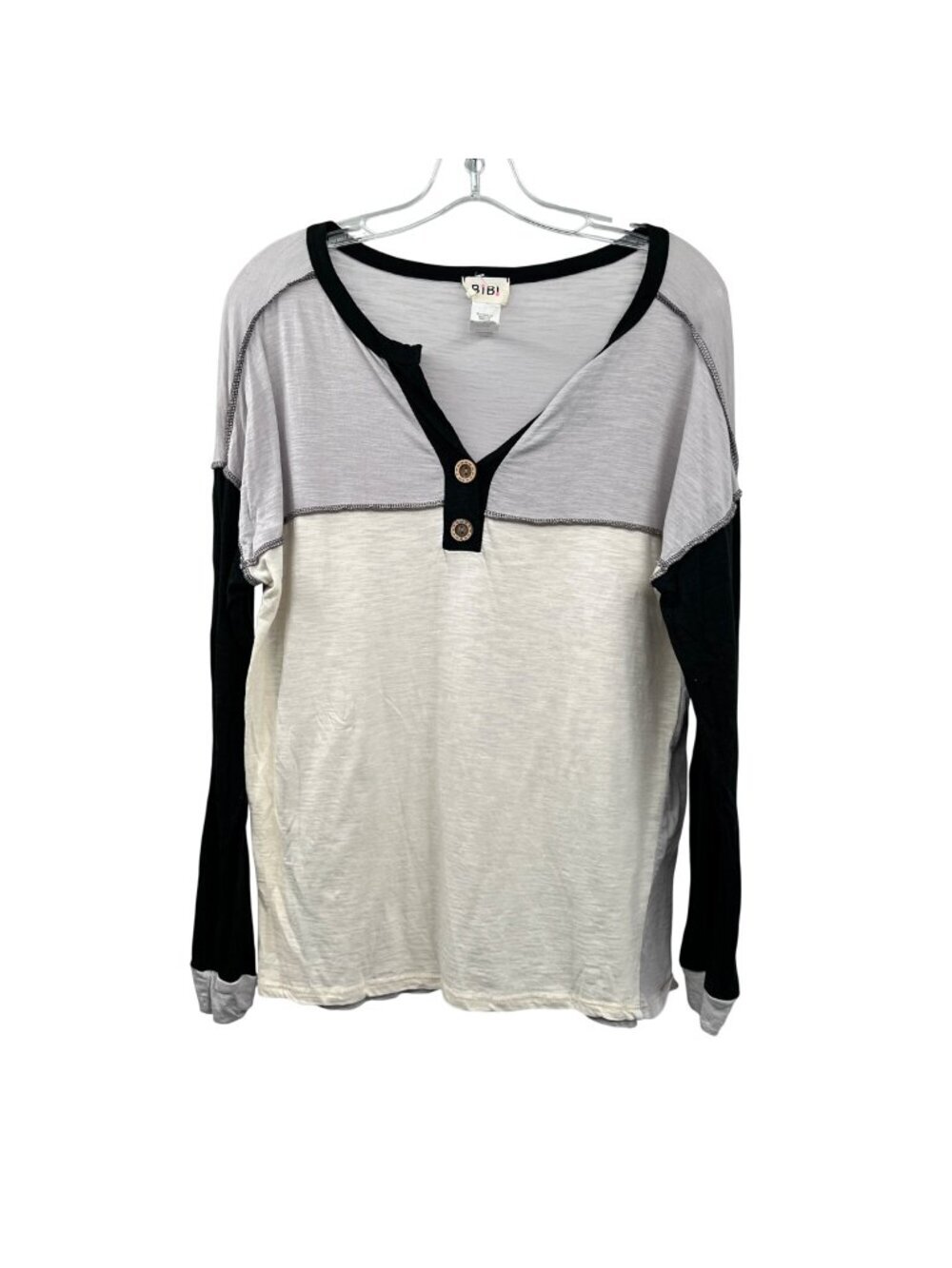 Bibi Womens Henley Top Gray/Multi Colorblock Semi Sheer Size Medium